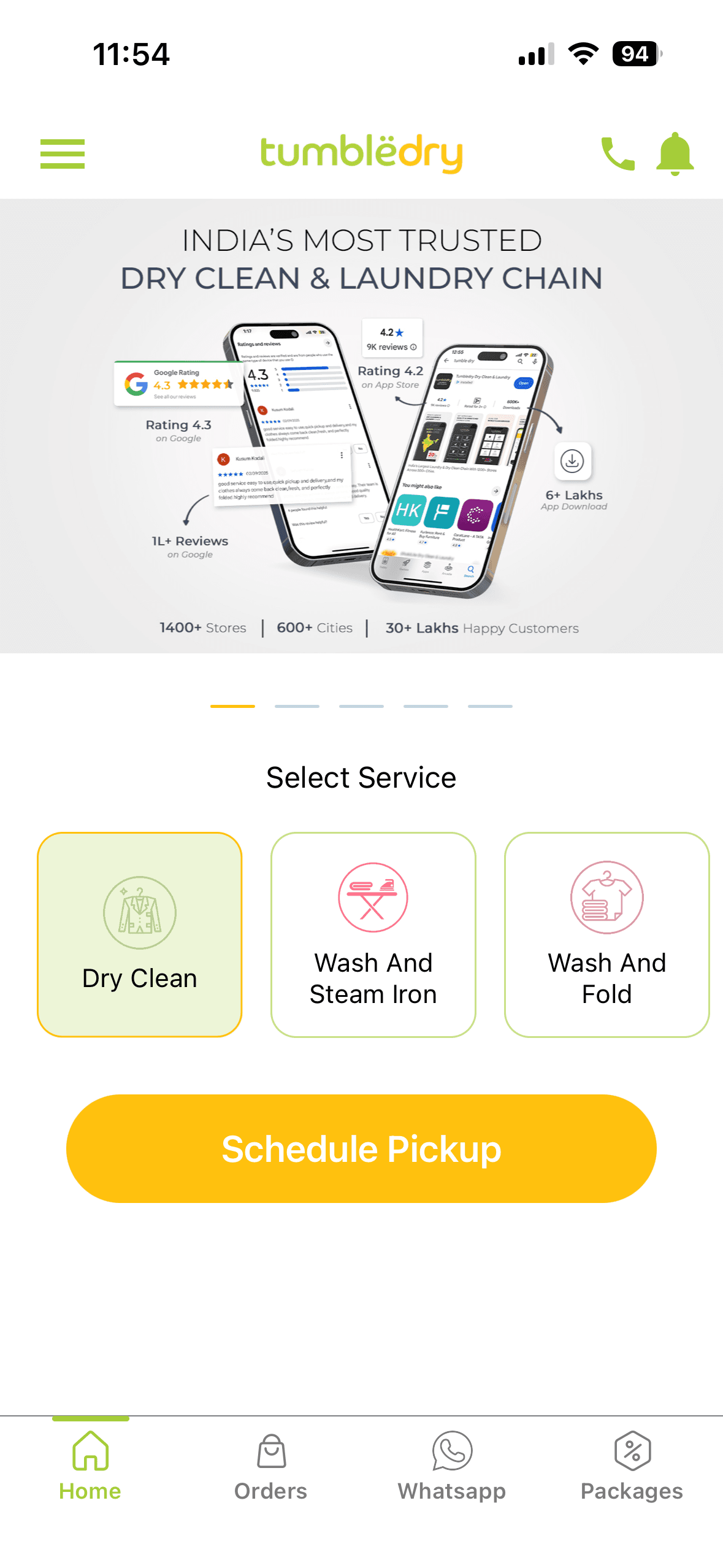 Tumbledry laundry app home screen with service options