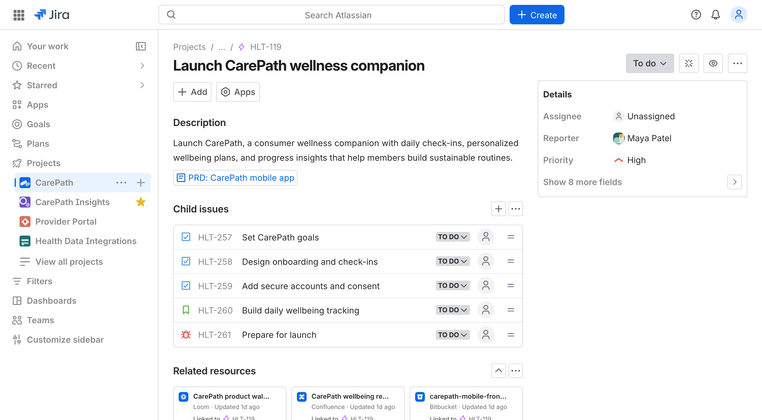 Jira Epic work item showing issue details and child work items